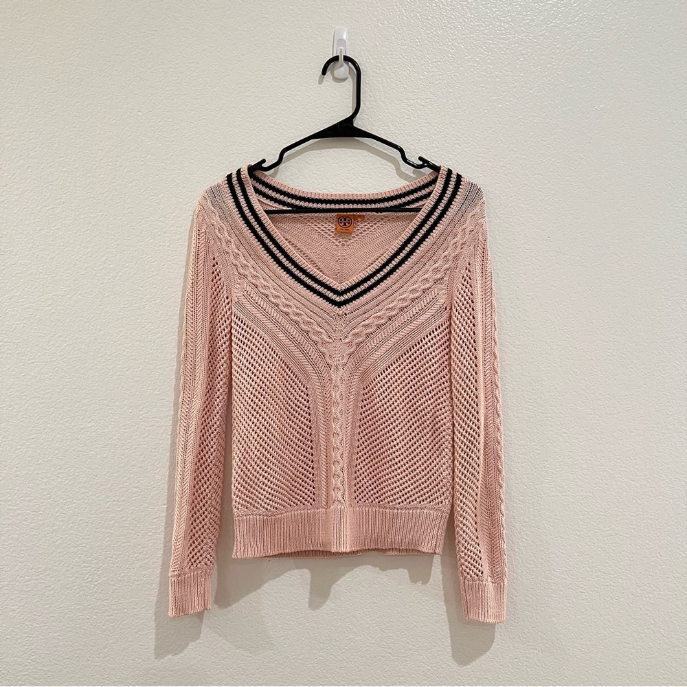 Tory Burch Crochet Knitted V Neckline Pullover Sweater Pink Navy Blue Stripe XS